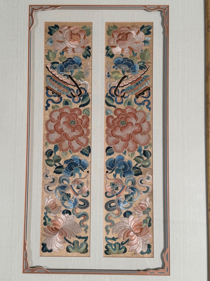 Just Added - Antique Chinese Silk Embroidery Pair Of Sleeve Bands Polychrome Peonies Butterflies Custom Framed Late Qing Dynasty 19th Century 4' X 17' Framed: 17' X 27'
