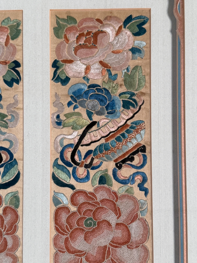 Just Added - Antique Chinese Silk Embroidery Pair Of Sleeve Bands Polychrome Peonies Butterflies Custom Framed Late Qing Dynasty 19th Century 4' X 17' Framed: 17' X 27' [Photo 8]