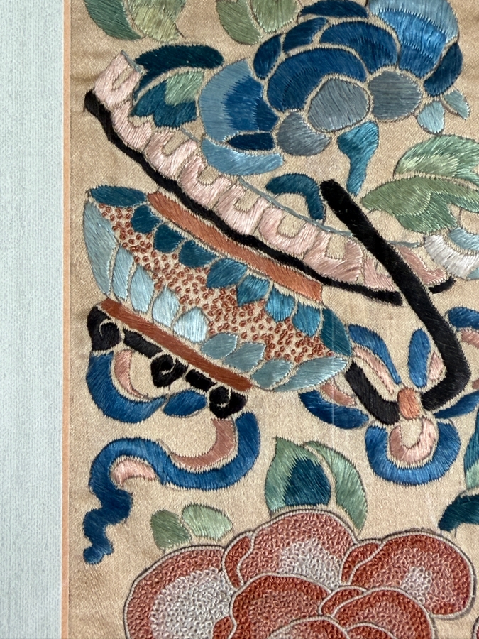 Just Added - Antique Chinese Silk Embroidery Pair Of Sleeve Bands Polychrome Peonies Butterflies Custom Framed Late Qing Dynasty 19th Century 4' X 17' Framed: 17' X 27' [Photo 7]