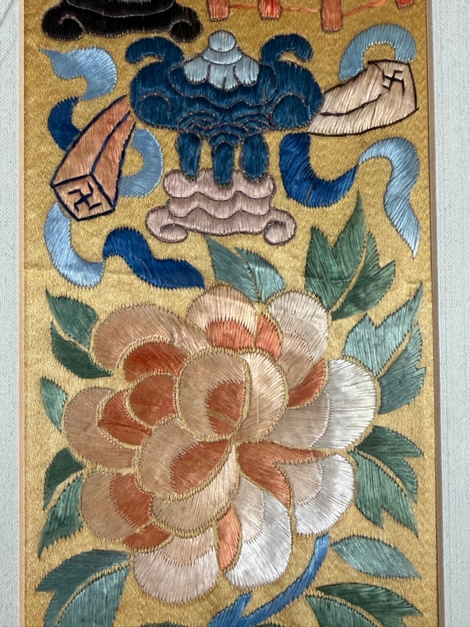 Just Added - Pair of Antique Chinese Qing Dynasty Framed Embroidered Sleeve Bands with Hand Stitched Silk Peking Knot Each Measures 4 X 19 Framed 18 X 29 [Photo 4]