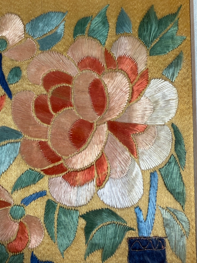 Just Added - Pair of Antique Chinese Qing Dynasty Framed Embroidered Sleeve Bands with Hand Stitched Silk Peking Knot Each Measures 4 X 19 Framed 18 X 29 [Photo 7]