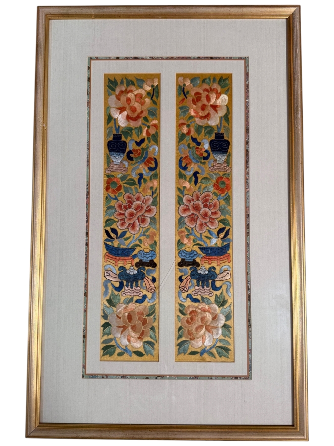Just Added - Pair of Antique Chinese Qing Dynasty Framed Embroidered Sleeve Bands with Hand Stitched Silk Peking Knot Each Measures 4 X 19 Framed 18 X 29 [Photo 2]