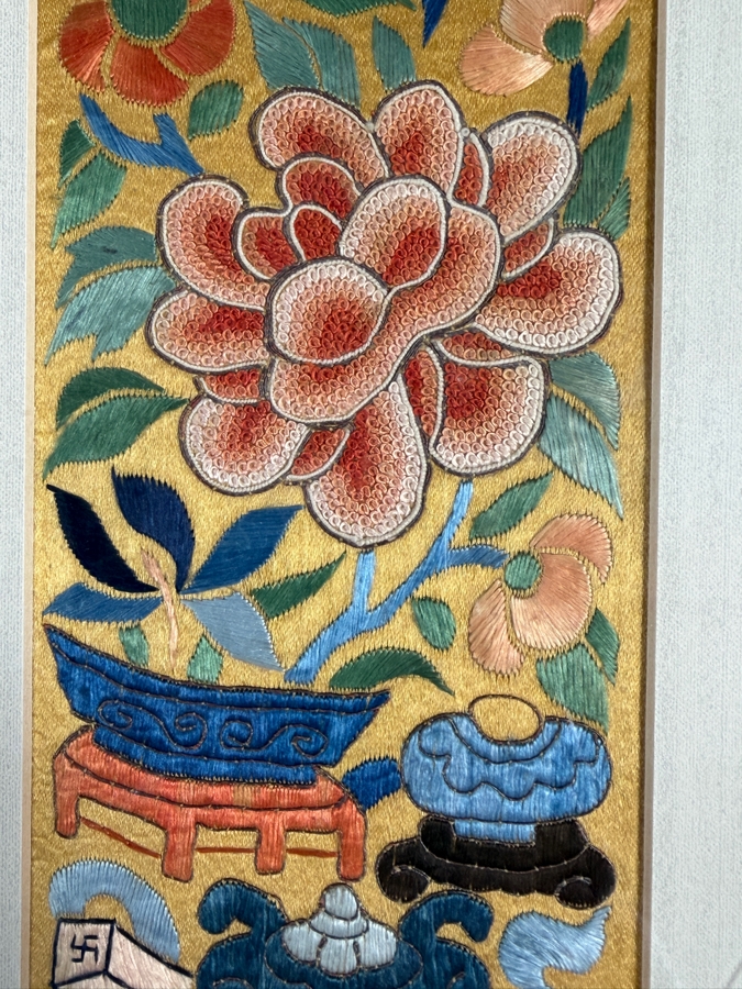 Just Added - Pair of Antique Chinese Qing Dynasty Framed Embroidered Sleeve Bands with Hand Stitched Silk Peking Knot Each Measures 4 X 19 Framed 18 X 29 [Photo 5]