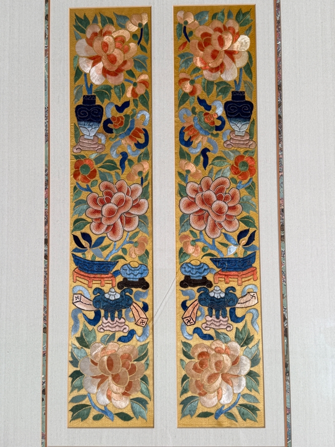 Just Added - Pair of Antique Chinese Qing Dynasty Framed Embroidered Sleeve Bands with Hand Stitched Silk Peking Knot Each Measures 4 X 19 Framed 18 X 29 [Photo 3]