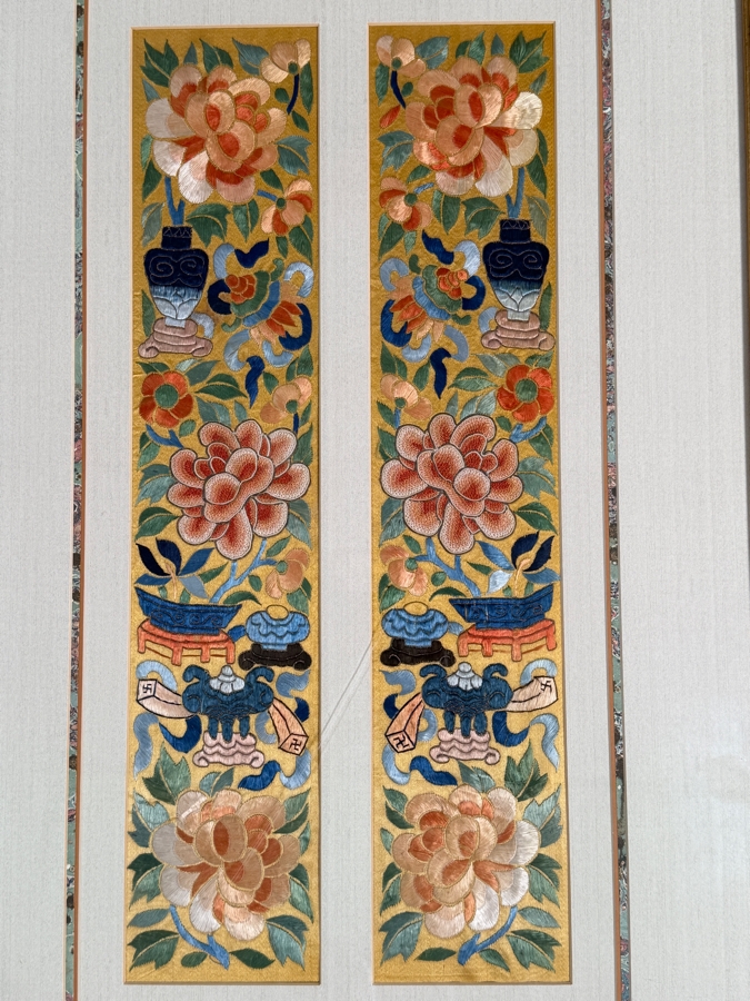 Just Added - Pair of Antique Chinese Qing Dynasty Framed Embroidered Sleeve Bands with Hand Stitched Silk Peking Knot Each Measures 4 X 19 Framed 18 X 29