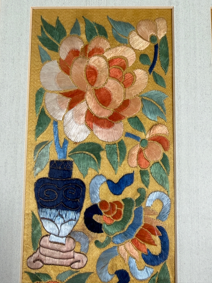 Just Added - Pair of Antique Chinese Qing Dynasty Framed Embroidered Sleeve Bands with Hand Stitched Silk Peking Knot Each Measures 4 X 19 Framed 18 X 29 [Photo 6]
