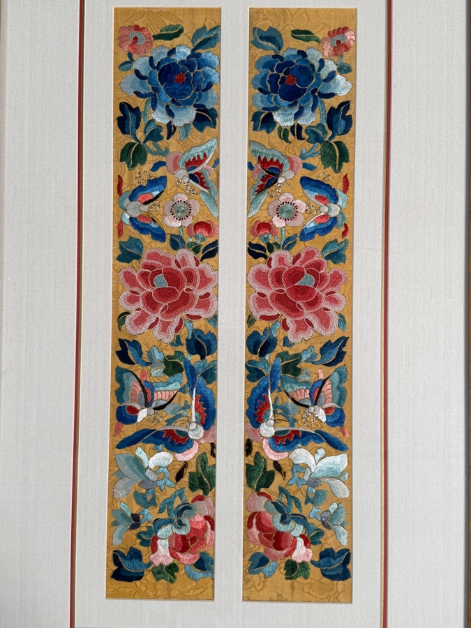 Just Added - Pair of Antique Chinese Qing Dynasty Framed Embroidered Sleeve Bands with Hand Stitched Silk Peking Knot Featuring Butterflies & Flowers Each Measures 4 X 20.5 Framed 17 X 30