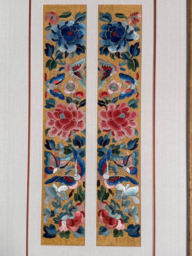 Just Added - Pair of Antique Chinese Qing Dynasty Framed Embroidered Sleeve Bands with Hand Stitched Silk Peking Knot Featuring Butterflies & Flowers Each Measures 4 X 20.5 Framed 17 X 30 [Photo 3]