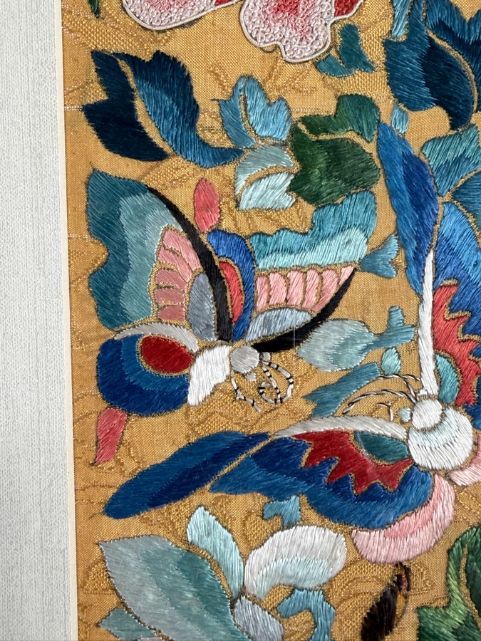 Just Added - Pair of Antique Chinese Qing Dynasty Framed Embroidered Sleeve Bands with Hand Stitched Silk Peking Knot Featuring Butterflies & Flowers Each Measures 4 X 20.5 Framed 17 X 30 [Photo 6]