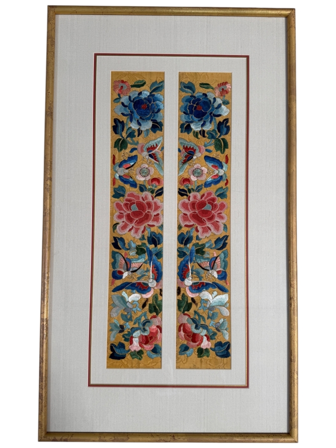 Just Added - Pair of Antique Chinese Qing Dynasty Framed Embroidered Sleeve Bands with Hand Stitched Silk Peking Knot Featuring Butterflies & Flowers Each Measures 4 X 20.5 Framed 17 X 30 [Photo 2]