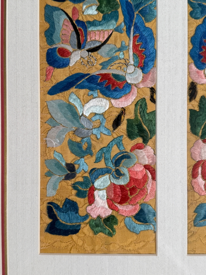 Just Added - Pair of Antique Chinese Qing Dynasty Framed Embroidered Sleeve Bands with Hand Stitched Silk Peking Knot Featuring Butterflies & Flowers Each Measures 4 X 20.5 Framed 17 X 30 [Photo 4]