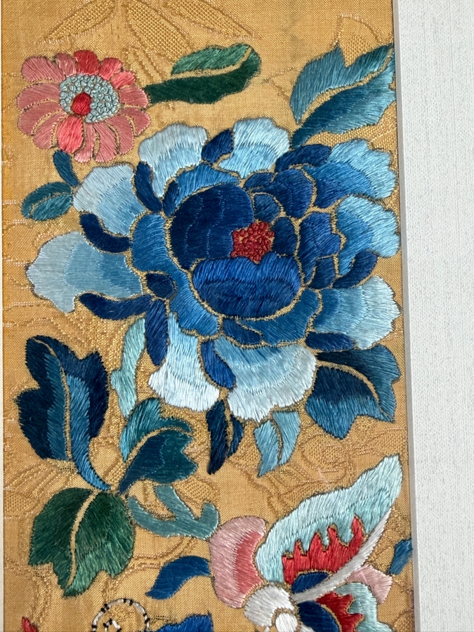 Just Added - Pair of Antique Chinese Qing Dynasty Framed Embroidered Sleeve Bands with Hand Stitched Silk Peking Knot Featuring Butterflies & Flowers Each Measures 4 X 20.5 Framed 17 X 30 [Photo 8]