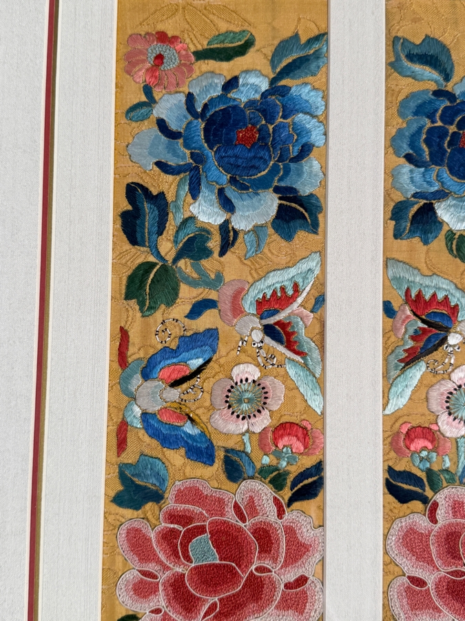 Just Added - Pair of Antique Chinese Qing Dynasty Framed Embroidered Sleeve Bands with Hand Stitched Silk Peking Knot Featuring Butterflies & Flowers Each Measures 4 X 20.5 Framed 17 X 30 [Photo 7]