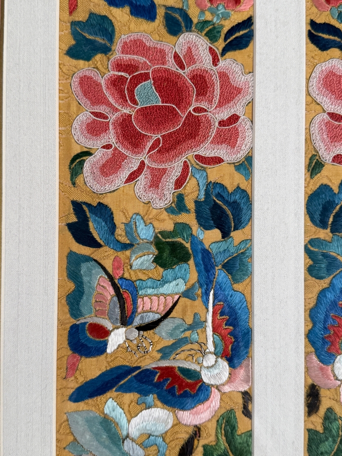 Just Added - Pair of Antique Chinese Qing Dynasty Framed Embroidered Sleeve Bands with Hand Stitched Silk Peking Knot Featuring Butterflies & Flowers Each Measures 4 X 20.5 Framed 17 X 30 [Photo 5]