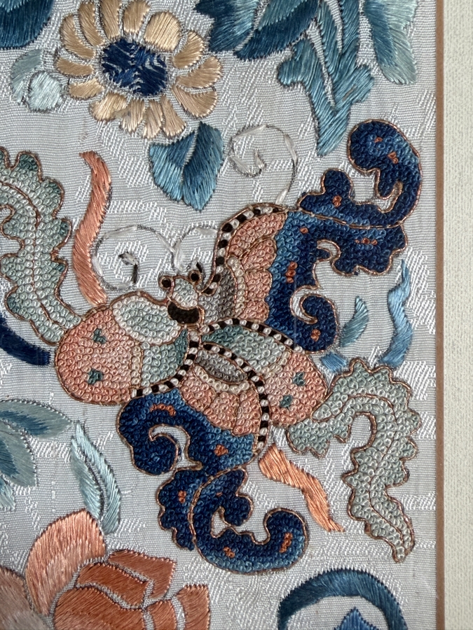 Just Added - Pair of Antique Chinese Qing Dynasty Framed Embroidered Sleeve Bands with Hand Stitched Silk Peking Knot Featuring Butterflies & Flowers Each Measures 3.5 X 16.5 Framed 17 X 27 [Photo 5]