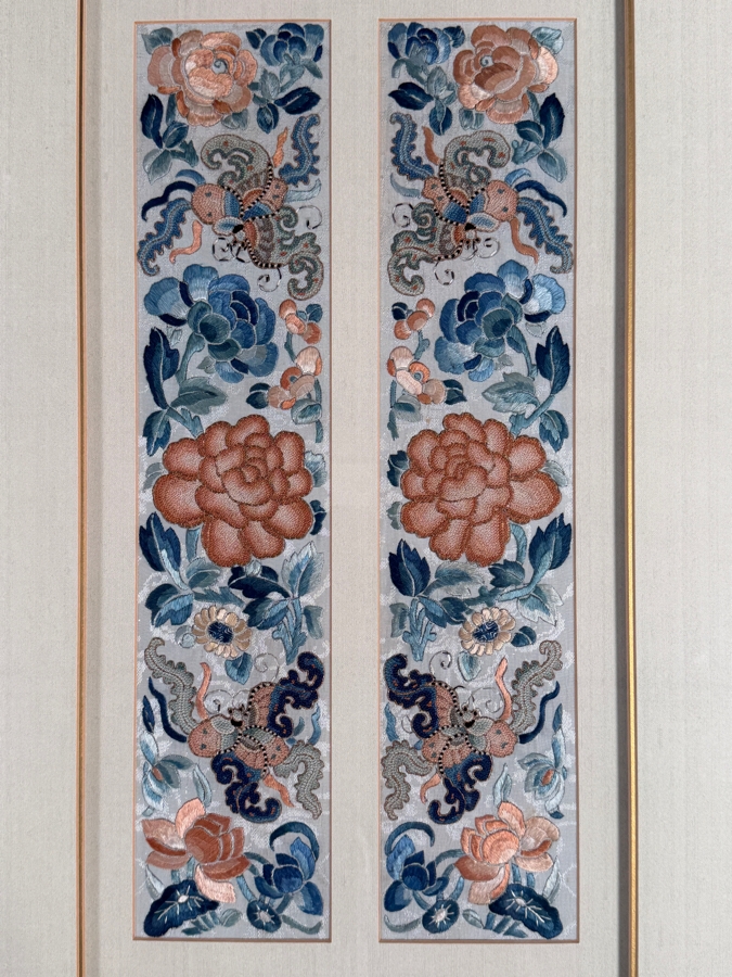 Just Added - Pair of Antique Chinese Qing Dynasty Framed Embroidered Sleeve Bands with Hand Stitched Silk Peking Knot Featuring Butterflies & Flowers Each Measures 3.5 X 16.5 Framed 17 X 27 [Photo 3]