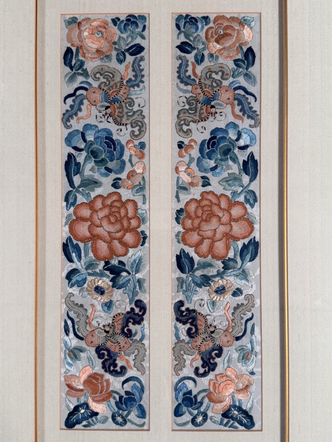 Just Added - Pair of Antique Chinese Qing Dynasty Framed Embroidered Sleeve Bands with Hand Stitched Silk Peking Knot Featuring Butterflies & Flowers Each Measures 3.5 X 16.5 Framed 17 X 27