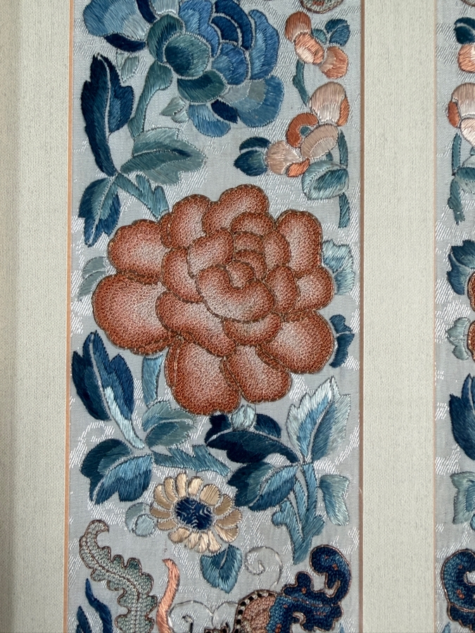 Just Added - Pair of Antique Chinese Qing Dynasty Framed Embroidered Sleeve Bands with Hand Stitched Silk Peking Knot Featuring Butterflies & Flowers Each Measures 3.5 X 16.5 Framed 17 X 27 [Photo 6]