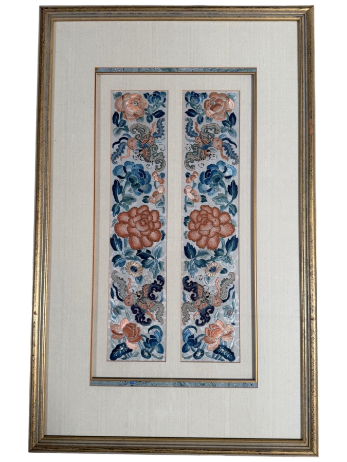 Just Added - Pair of Antique Chinese Qing Dynasty Framed Embroidered Sleeve Bands with Hand Stitched Silk Peking Knot Featuring Butterflies & Flowers Each Measures 3.5 X 16.5 Framed 17 X 27 [Photo 2]