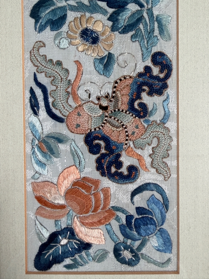 Just Added - Pair of Antique Chinese Qing Dynasty Framed Embroidered Sleeve Bands with Hand Stitched Silk Peking Knot Featuring Butterflies & Flowers Each Measures 3.5 X 16.5 Framed 17 X 27 [Photo 4]