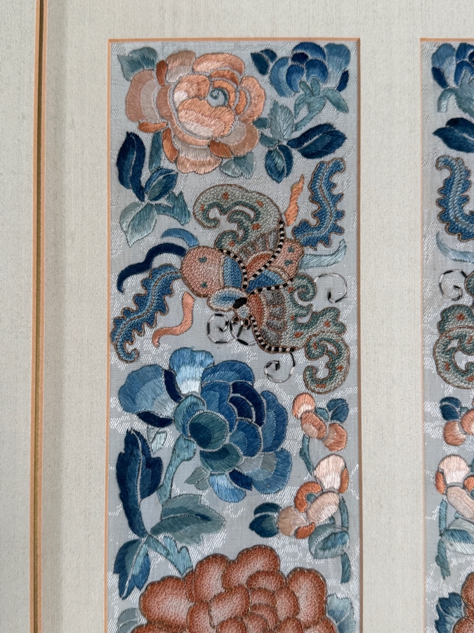 Just Added - Pair of Antique Chinese Qing Dynasty Framed Embroidered Sleeve Bands with Hand Stitched Silk Peking Knot Featuring Butterflies & Flowers Each Measures 3.5 X 16.5 Framed 17 X 27 [Photo 7]