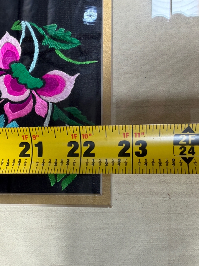 Just Added - Antique 19th Century Chinese Qing Dynasty Framed Textile of Hand Stitched Flowers 5 X 22.5 Framed 12 X 29.5 [Photo 7]