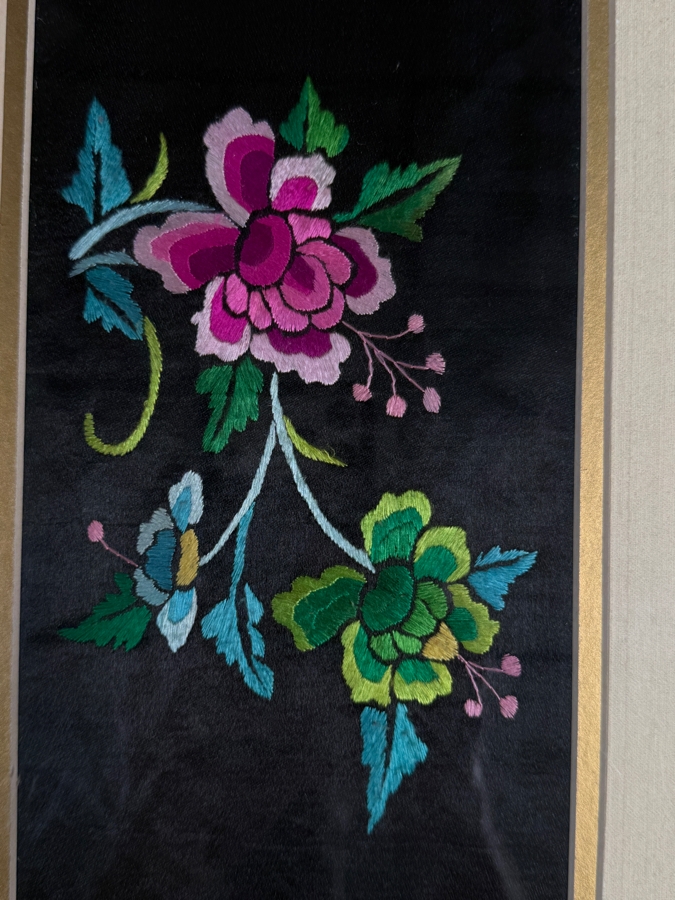 Just Added - Antique 19th Century Chinese Qing Dynasty Framed Textile of Hand Stitched Flowers 5 X 22.5 Framed 12 X 29.5 [Photo 4]