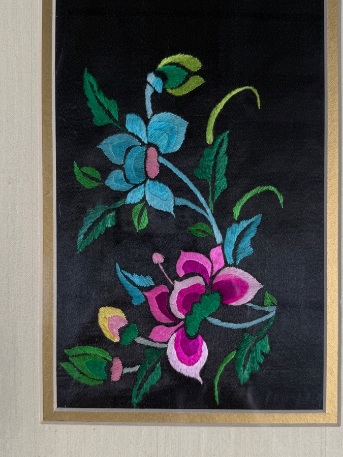 Just Added - Antique 19th Century Chinese Qing Dynasty Framed Textile of Hand Stitched Flowers 5 X 22.5 Framed 12 X 29.5 [Photo 3]