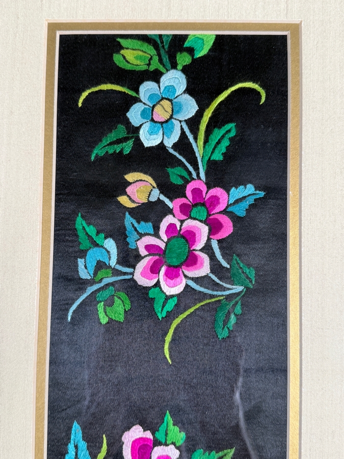 Just Added - Antique 19th Century Chinese Qing Dynasty Framed Textile of Hand Stitched Flowers 5 X 22.5 Framed 12 X 29.5 [Photo 5]