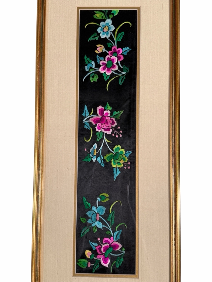 Just Added - Antique 19th Century Chinese Qing Dynasty Framed Textile of Hand Stitched Flowers 5 X 22.5 Framed 12 X 29.5