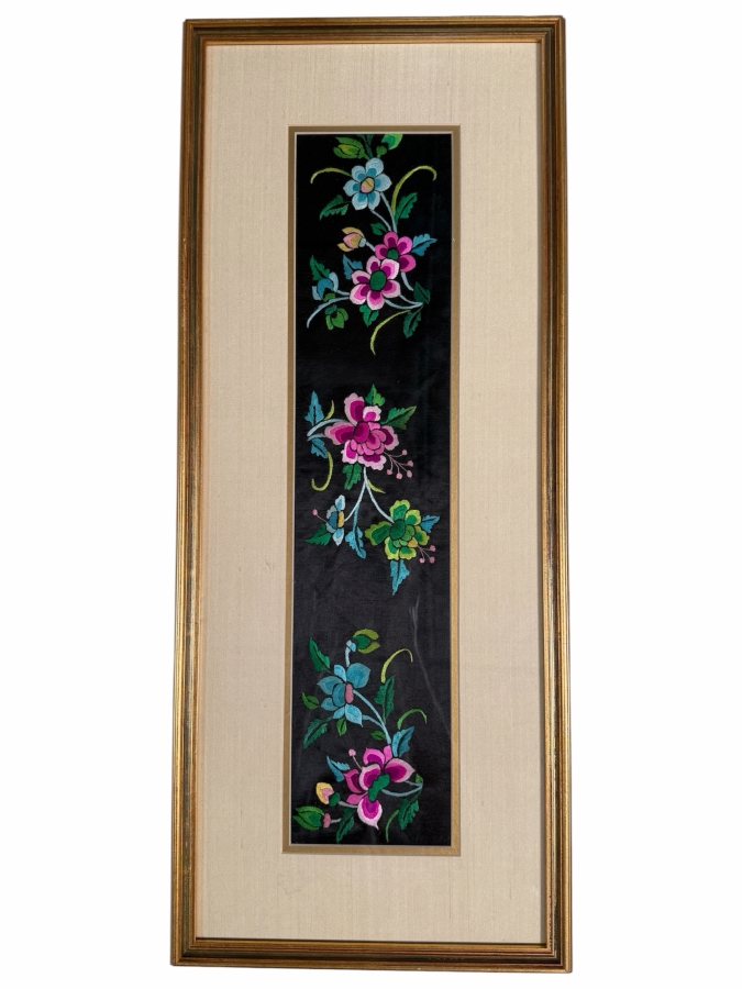 Just Added - Antique 19th Century Chinese Qing Dynasty Framed Textile of Hand Stitched Flowers 5 X 22.5 Framed 12 X 29.5 [Photo 2]