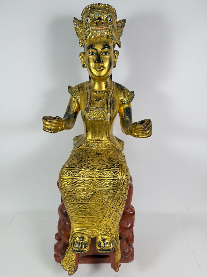 Just Added - Large Antique Burmese Gilded Carved Wooden Nat Statue 31'H [Photo 2]