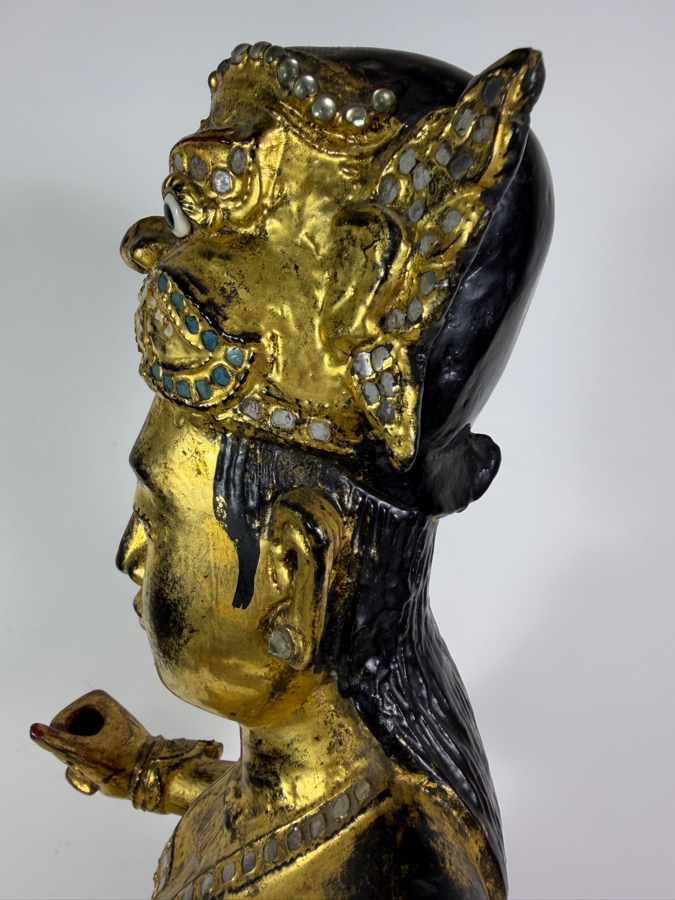 Just Added - Large Antique Burmese Gilded Carved Wooden Nat Statue 31'H [Photo 11]