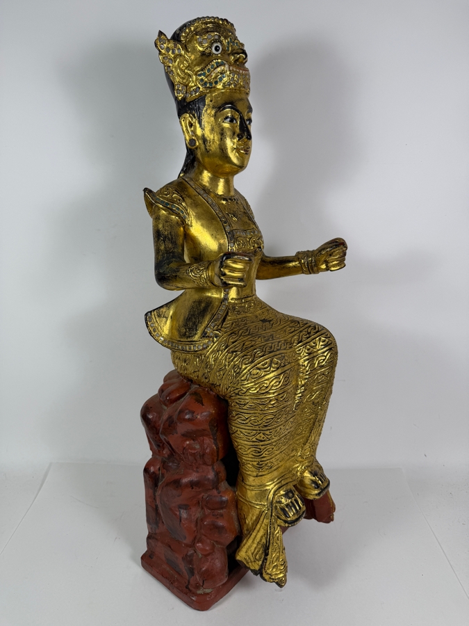 Just Added - Large Antique Burmese Gilded Carved Wooden Nat Statue 31'H [Photo 7]