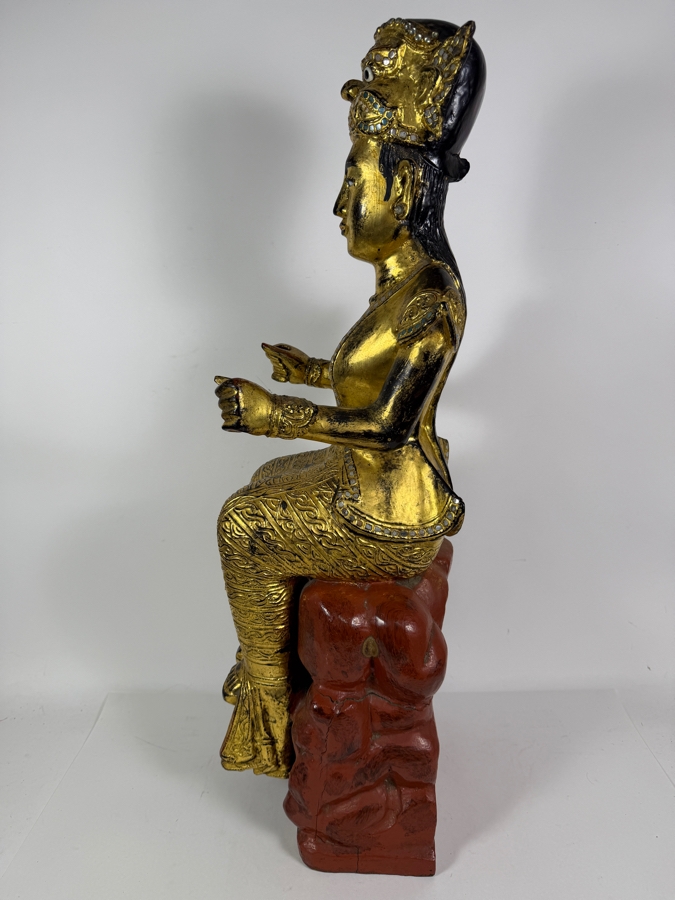 Just Added - Large Antique Burmese Gilded Carved Wooden Nat Statue 31'H [Photo 10]