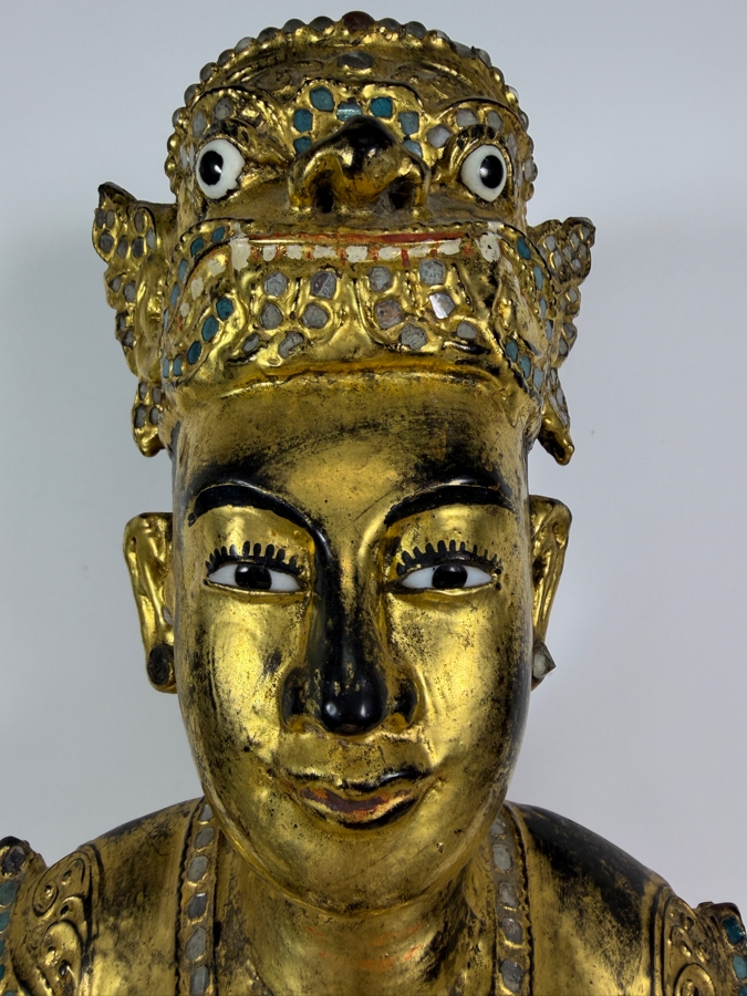 Just Added - Large Antique Burmese Gilded Carved Wooden Nat Statue 31'H [Photo 4]