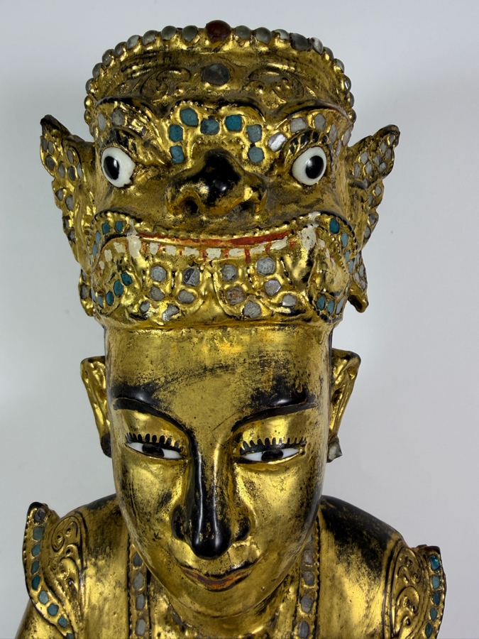 Just Added - Large Antique Burmese Gilded Carved Wooden Nat Statue 31'H [Photo 3]