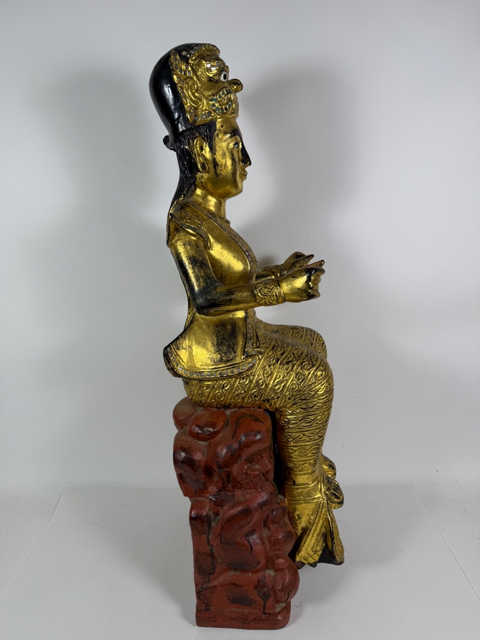 Just Added - Large Antique Burmese Gilded Carved Wooden Nat Statue 31'H [Photo 8]