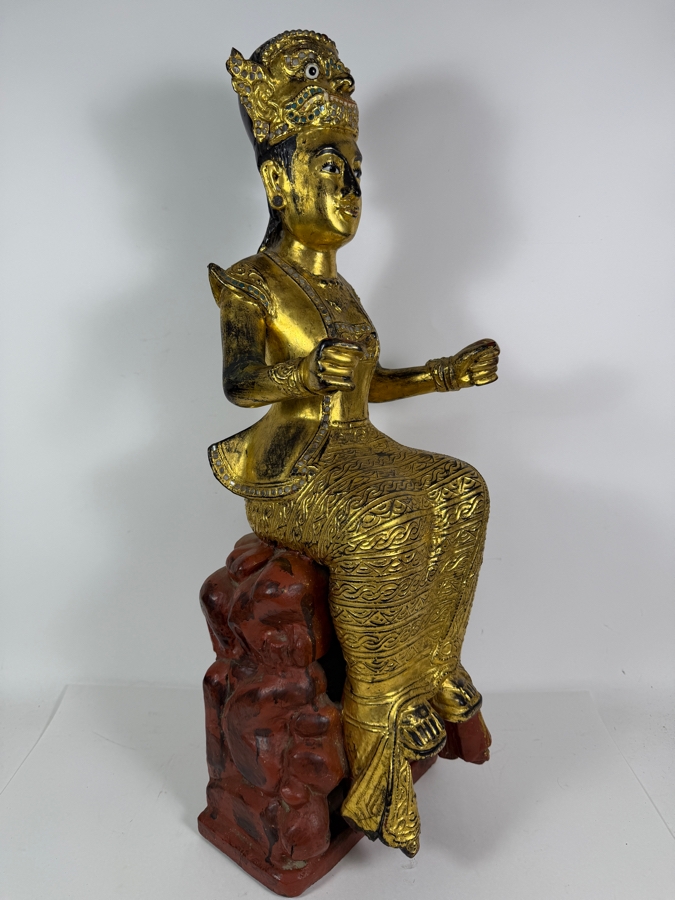 Just Added - Large Antique Burmese Gilded Carved Wooden Nat Statue 31'H [Photo 6]