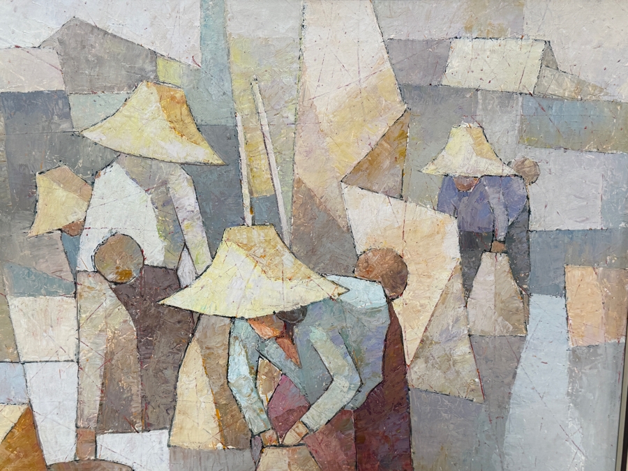 Just Added - Saard (Sa-ard) Thanomwong (B. 1941, Thailand) Original Oil Painting On Canvas The Paddy Fields With Cubist Influence Signed Lower Left Dated 1982 36 X 24 Framed 45 X 34 [Photo 5]
