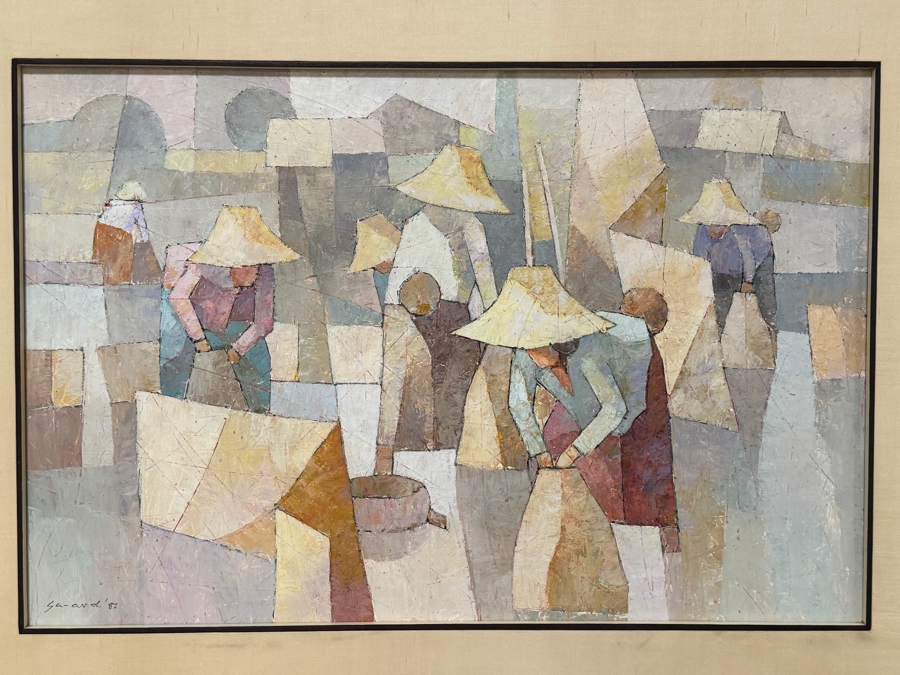 Just Added - Saard (Sa-ard) Thanomwong (B. 1941, Thailand) Original Oil Painting On Canvas The Paddy Fields With Cubist Influence Signed Lower Left Dated 1982 36 X 24 Framed 45 X 34