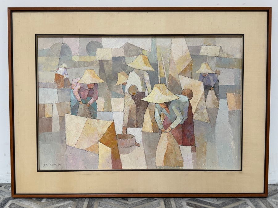 Just Added - Saard (Sa-ard) Thanomwong (B. 1941, Thailand) Original Oil Painting On Canvas The Paddy Fields With Cubist Influence Signed Lower Left Dated 1982 36 X 24 Framed 45 X 34 [Photo 3]