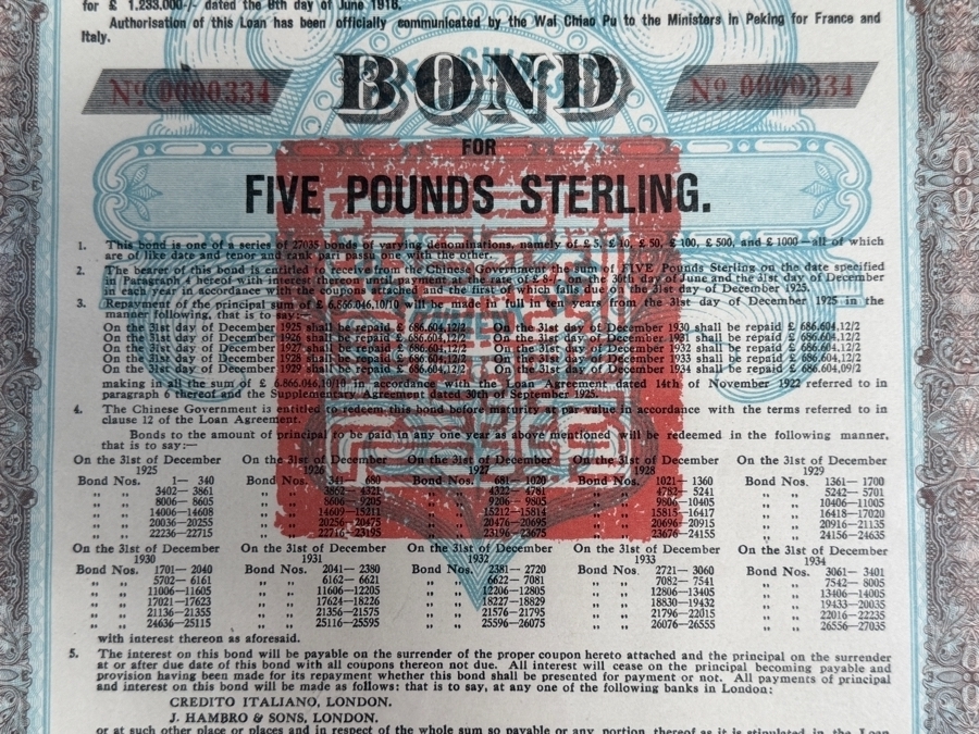 Just Added - Framed 1925 Chinese Government 8% Skoda Loan Bond for Five Pounds Sterling [Photo 7]