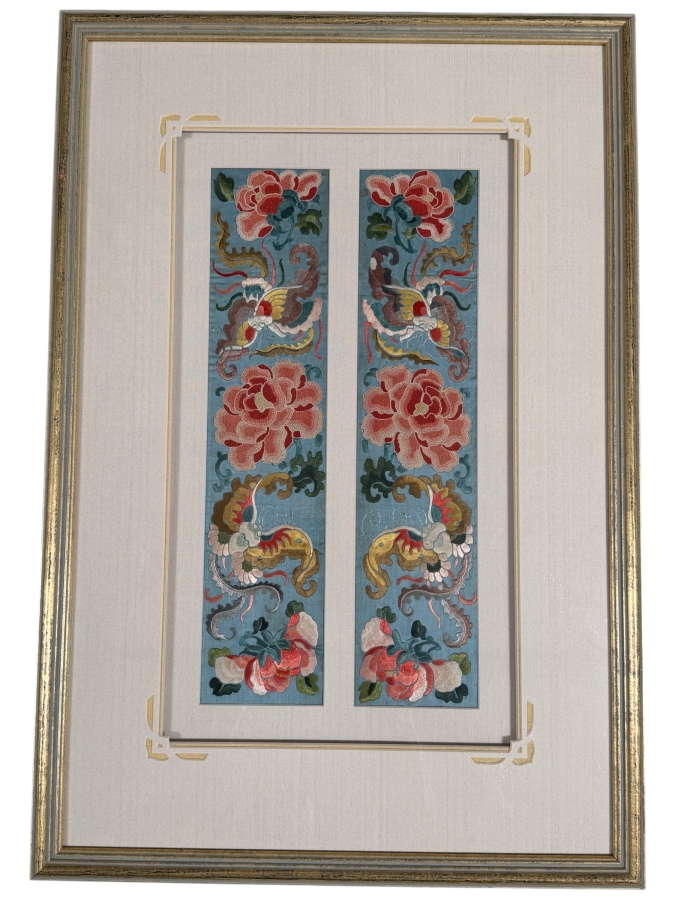 Just Added - Antique Chinese Qing Dynasty Light Blue Silk Embroidery Sleeve Bands Forbidden Stitch Peony Large Butterflies Custom Framed 19th Century 4' X 16' Framed: 17.5' X 26' [Photo 2]