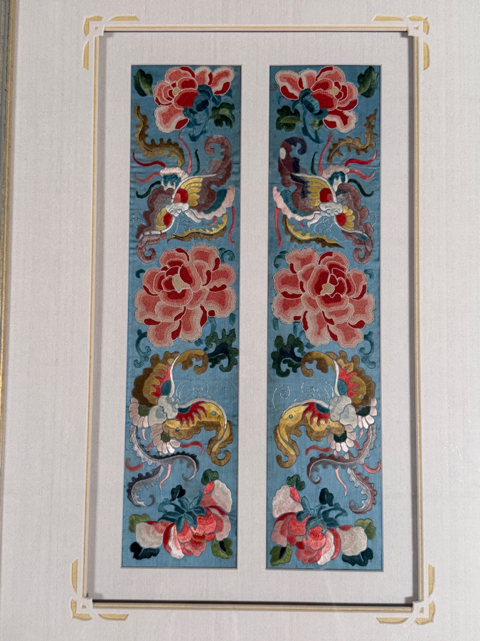Just Added - Antique Chinese Qing Dynasty Light Blue Silk Embroidery Sleeve Bands Forbidden Stitch Peony Large Butterflies Custom Framed 19th Century 4' X 16' Framed: 17.5' X 26'