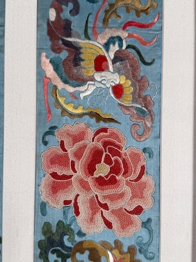 Just Added - Antique Chinese Qing Dynasty Light Blue Silk Embroidery Sleeve Bands Forbidden Stitch Peony Large Butterflies Custom Framed 19th Century 4' X 16' Framed: 17.5' X 26' [Photo 8]