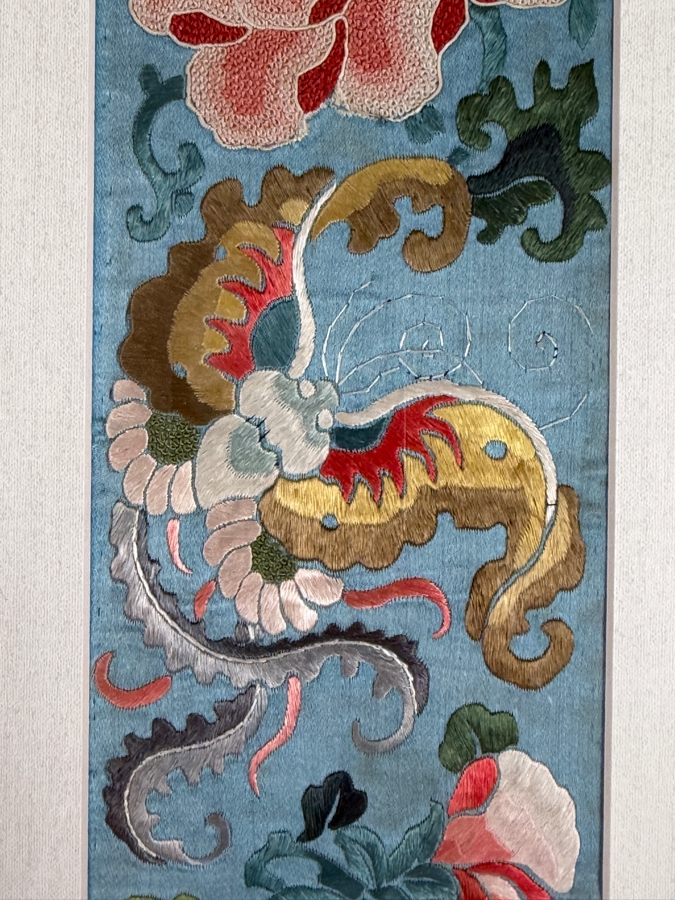 Just Added - Antique Chinese Qing Dynasty Light Blue Silk Embroidery Sleeve Bands Forbidden Stitch Peony Large Butterflies Custom Framed 19th Century 4' X 16' Framed: 17.5' X 26' [Photo 4]