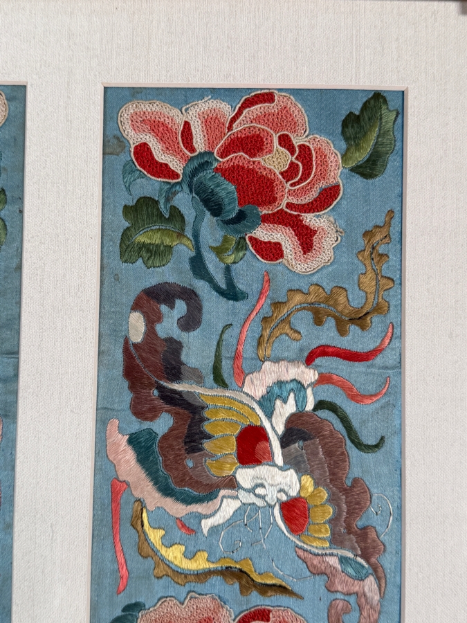 Just Added - Antique Chinese Qing Dynasty Light Blue Silk Embroidery Sleeve Bands Forbidden Stitch Peony Large Butterflies Custom Framed 19th Century 4' X 16' Framed: 17.5' X 26' [Photo 9]
