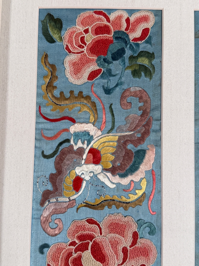 Just Added - Antique Chinese Qing Dynasty Light Blue Silk Embroidery Sleeve Bands Forbidden Stitch Peony Large Butterflies Custom Framed 19th Century 4' X 16' Framed: 17.5' X 26' [Photo 6]
