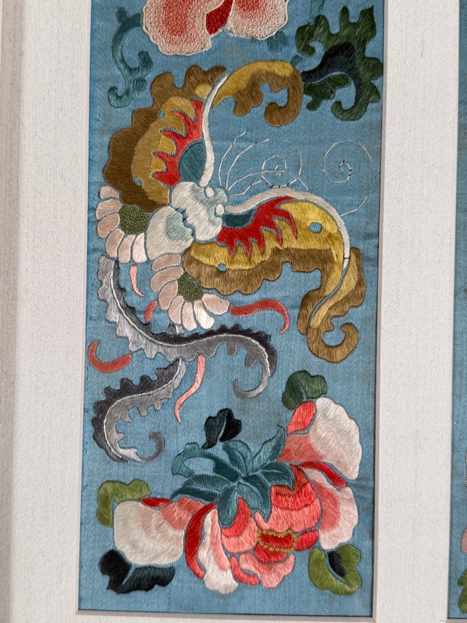 Just Added - Antique Chinese Qing Dynasty Light Blue Silk Embroidery Sleeve Bands Forbidden Stitch Peony Large Butterflies Custom Framed 19th Century 4' X 16' Framed: 17.5' X 26' [Photo 3]